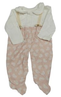 Svetloružová -biely pruhovaný overal so srdiečkami a čipkovými trakami a golierikom Mabidoo