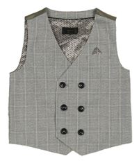 Sivo-hnedo-biela kockovaná melírovaná vzorovaná ľanová slávnostná vesta Next