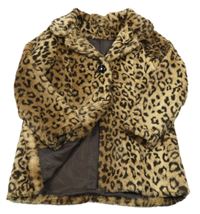 Hnědo-světlehnědo-tmavohnědý vzorovaný kožešinový zateplený kabát s límečkem 