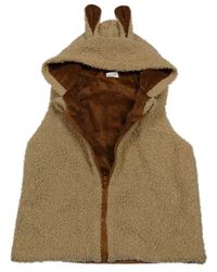 Béžovohnědá huňatá zateplená vesta s kapucňou s uškami