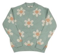 Mentolový úpletový svetr s květy C&A