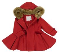 Červený flaušový podšitý kabát s mašľami a kapucňou s kožešinou F&F
