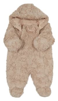 Světlepudrová chlupatá zateplená kombinéza s mašlí a kapucí George