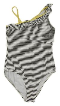 Bielo-čierne pruhované krepové jednodielne asymetrické plavky s volánikom KIABI