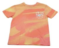 Ružovo-oranžové batikované tričko so surferom a palmami a nápismi PRIMARK