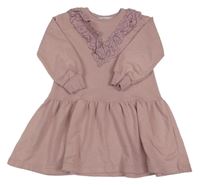 Starorůžové teplákové šaty s volánky s madeirou H&M