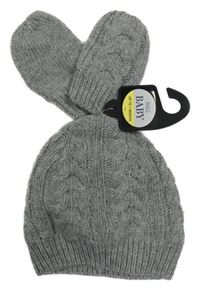 Nové - 2Set - Šedá melírovaná vzorovaná vlněná čepice + rukavice M&S