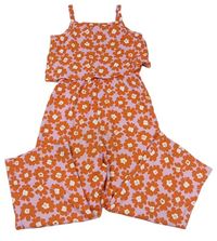 Lila-oranžový kvetovaný nohavicový overal Tu