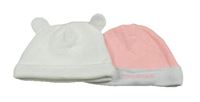 2x čepice - bílá s oušky + růžovo-bílá bavlněná
