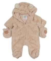 Růžová kožešinová zateplená kombinéza s kapucí + rukavice F&F