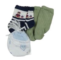 3set - Khaki žebrované ponožky + tmavomodro-bílé pruhované s medvědem + bílé rukavičky s balóny