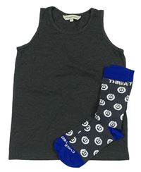 2 set - Tmavosivý nátělník + sivo-modré vzorované ponožky