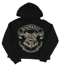 Čierna crop mikina s potlačou a kapucí - Harry Potter