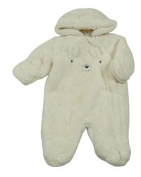 Smotanová kožušinová zateplená kombinéza s medvěďom a kapucňou Nutmeg