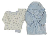 Nové - 2 set - svetlomodrý plyšový župan s kapucí + bielo-svetlomodré rebrované pyžama s medvedíkmi Nutmeg