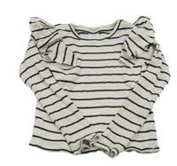 Smetanovo-černé pruhované žebrované triko s volánky Zara