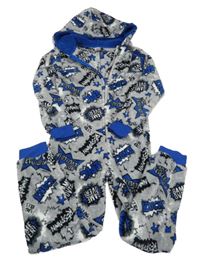 Šedo-modrá plyšová kombineza s nápismi a kapucňou Peacocks