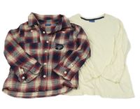 Nové - 2 set - smetanové triko + vínovo-tmavomodrá kostkovaná košile Cherokee