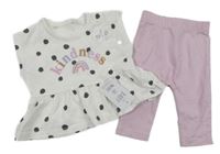 Nové - 2 set - lila legíny + bílá puntíkatá tunika s nápisem George