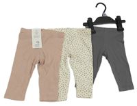 Nové - 3x žebrované legíny - šedé + smetanové puntíkaté + světlerůžové F&F