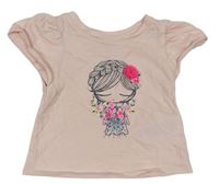 Ružové tričko s dívkou a kvetmi zn. GAP