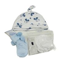 5set - Bílá čepice s Mickeym + světlemodré ponožky + 3x bílé rukavice