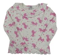 Bílo-růžové žebrované triko s jednorožci a volánkem Kiki&Koko