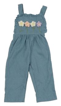 Modrý žebrovaný kalhotový overal s 3D květy a volánkem Shein