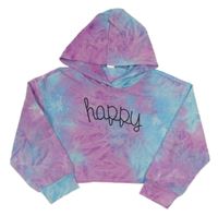 Světlemodro-fialová batikovaná crop mikina s nápisom a kapucňou Shein