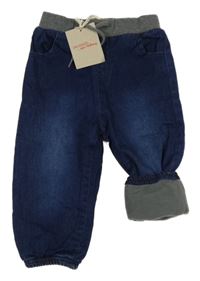 Nové - Tmavomodro-šedé teplákové zateplené rifle s úpletovým pasem 