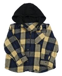 Tmavomodro-béžovo-čierna kockovaná košeľová bunda s teplákovou kapucňou Primark