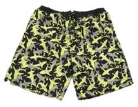 Čierno-sivo-neónové žlté plážové kraťasy so žralokmi Y.F.K.