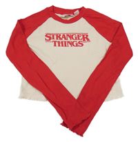 Béžovo-červené žebrované crop triko s nápisem - Stranger Things H&M