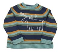 Modro-khaki-oranžový pruhovaný svetr se sobem Mothercare