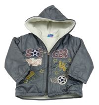 Šedá šusťáková zimní bunda s nápisem a kapucí 