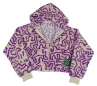 Smetanovo-fialová vzorovaná chlpatá crop prepínaci mikina s nášivkou a kapucňou H&M