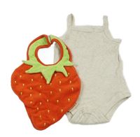 2 set - Béžové žebrované body + červený froté bryndák - jahoda