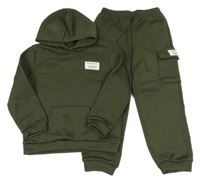 2 Set - Tmavokhaki mikina s nášivkou a kapucí + khaki cargo tepláky Shein