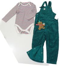 Nové - 2 Set - Zelené menšestrové na traké podšité nohavice s méďou + Bielo-červeno-zelené pruhované body M&S