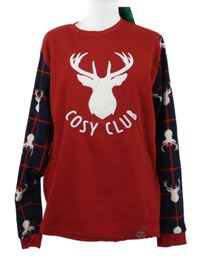 Nové - Pánske červeno-tmavomodré fleecové pyžamové tričko so sobom