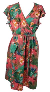 Dámske zeleno-ružové šaty s listami a opaskom Shein