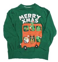 Zelený sveter so zvířaty a autobusom H&M