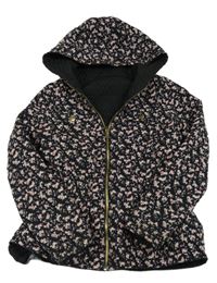 Čierna kvetovaná plátenná lehce zateplená obojstranná bunda s kapucňou George
