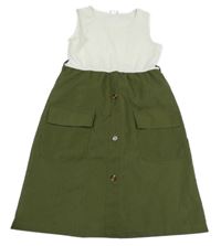 Bílo-khaki rebrované šaty s vreckami a gombíkmi Shein