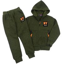 2set - Khaki-černá pruhovaná pletená propínací mikina s kapucí + tepláky 