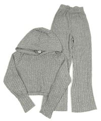2set - Sivý rebrovaný crop sveter s kapucí + nohavice zn. Shein