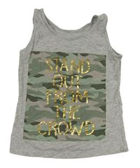 Sivý melírovaný top s army potlačou so zlatými nápisy PRIMARK