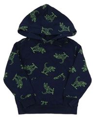 Tmavomodrá mikina s dinosaurami a vreckom a kapucňou zn. H&M