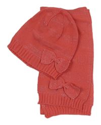 Nové - 2Set - Korálová třpytivá pletená šála s mašlí + čepice