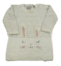 Smetanovo-sivé pruhované chlpaté svetrové šaty so zajačikom PRIMARK